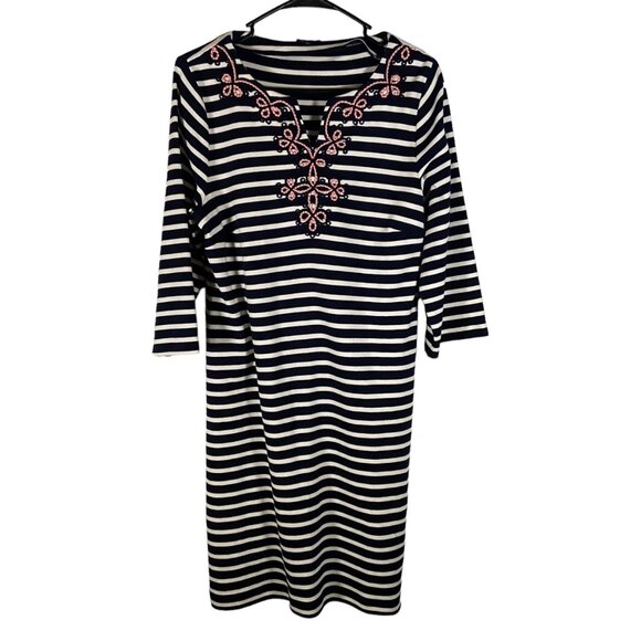 Talbots Women Petite Large LP‎ Midi Dress Nautical Embellish Vertical Stripes - Picture 1 of 9